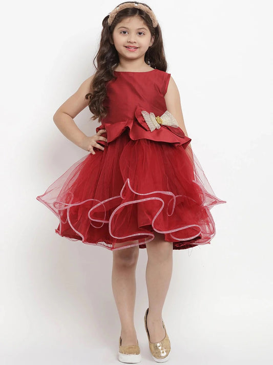 Girls Maroon Solid Fit And Flare Dress