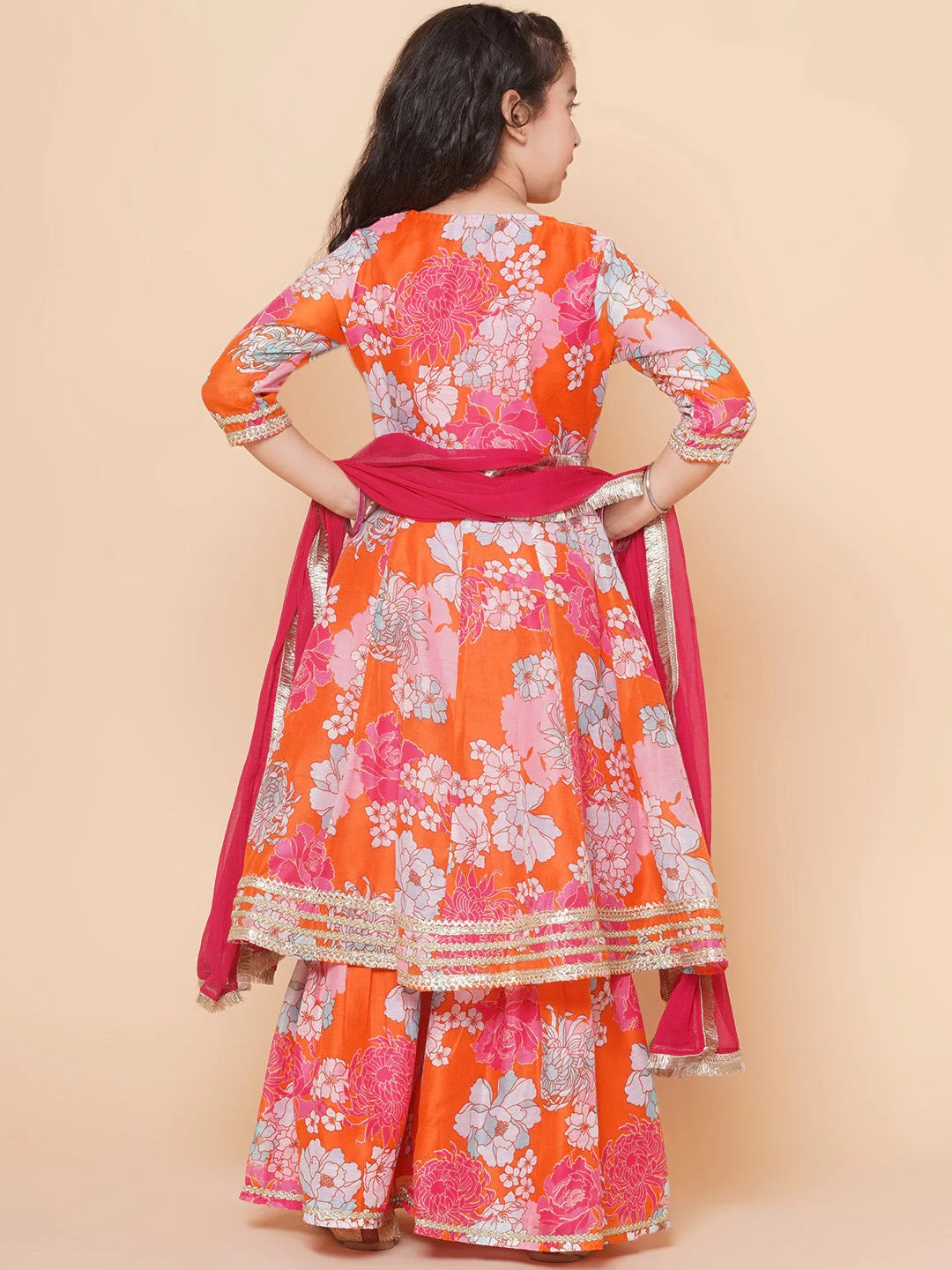 Girls Orange Multi Floral Printed Angrakha Gotta Patti Kurta & Sharara With Dupatta