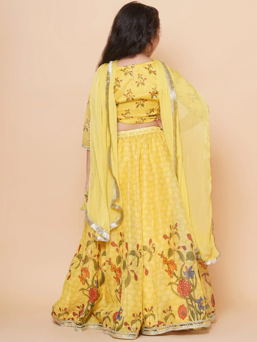 Girls Yellow Digital Flower Print Lace work Choli Ready to wear Lehenga with Dupatta