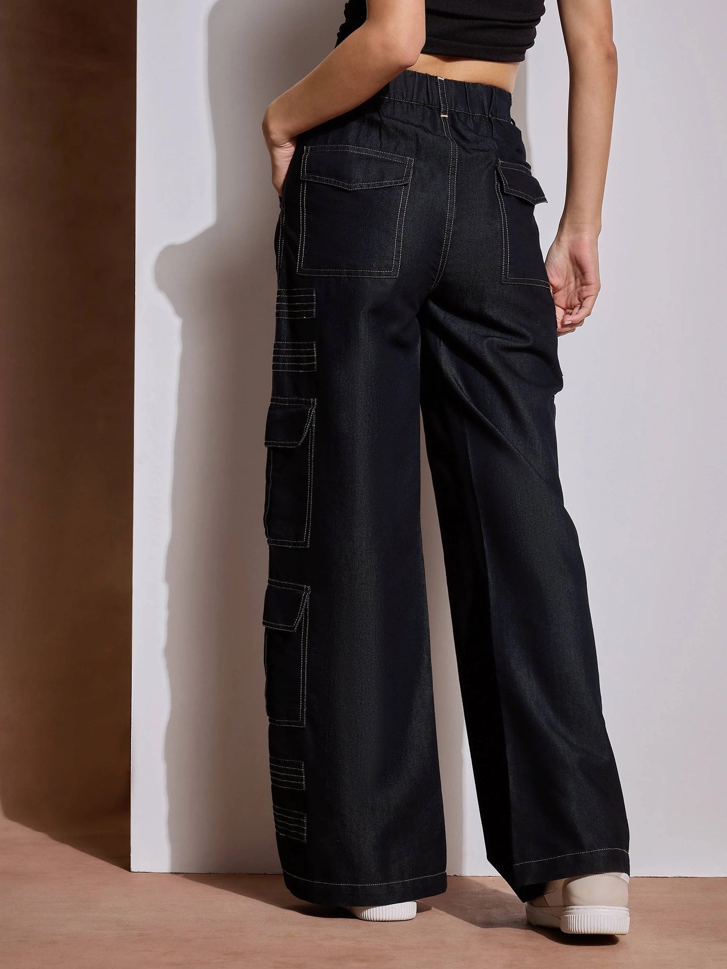 Women Black Tencel Contrast Stitch Cargo Pants