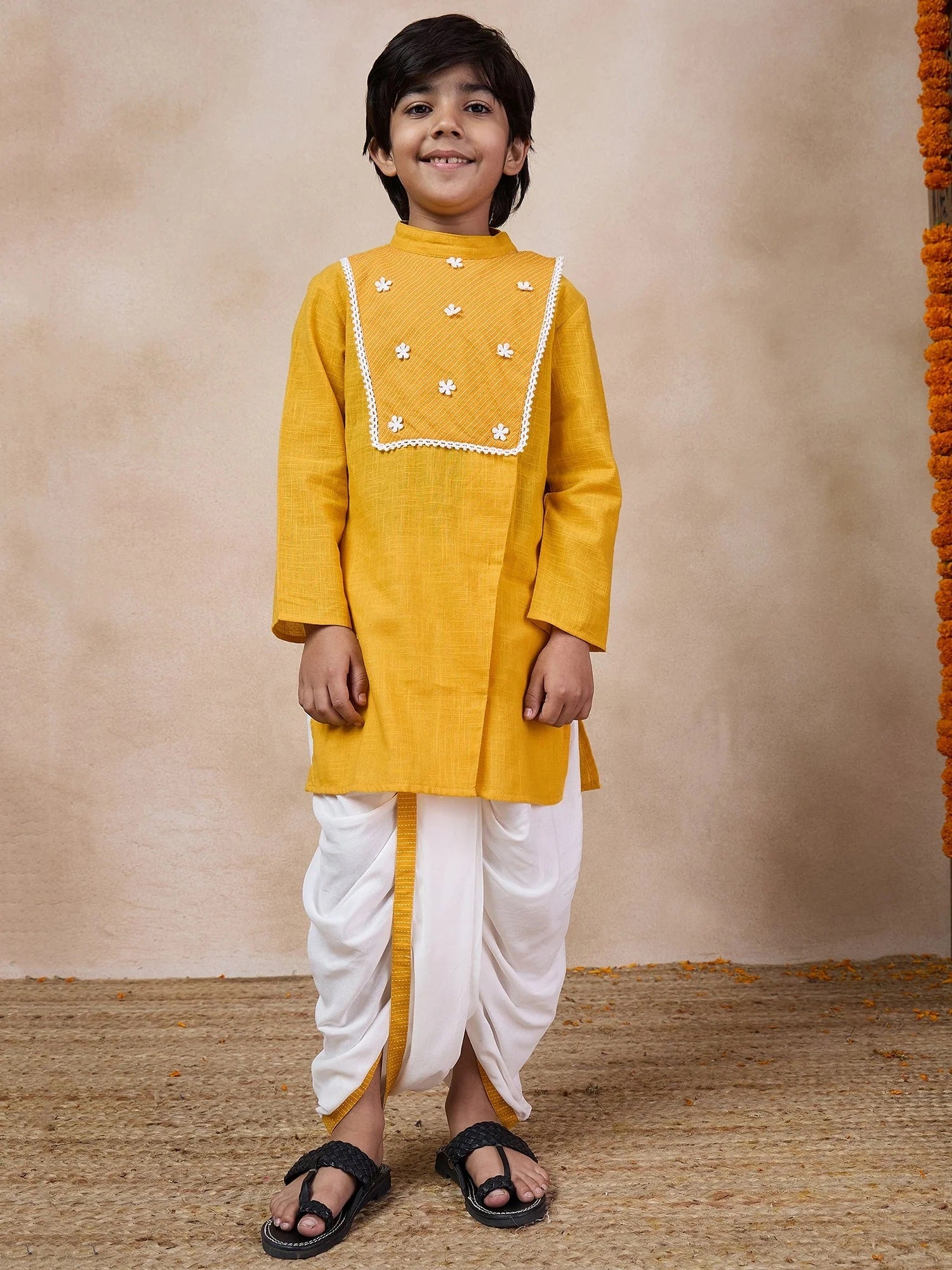 Boys Mandarin Collar Floral Yoke Design Regular Thread Work Kurta With Dhoti Pants