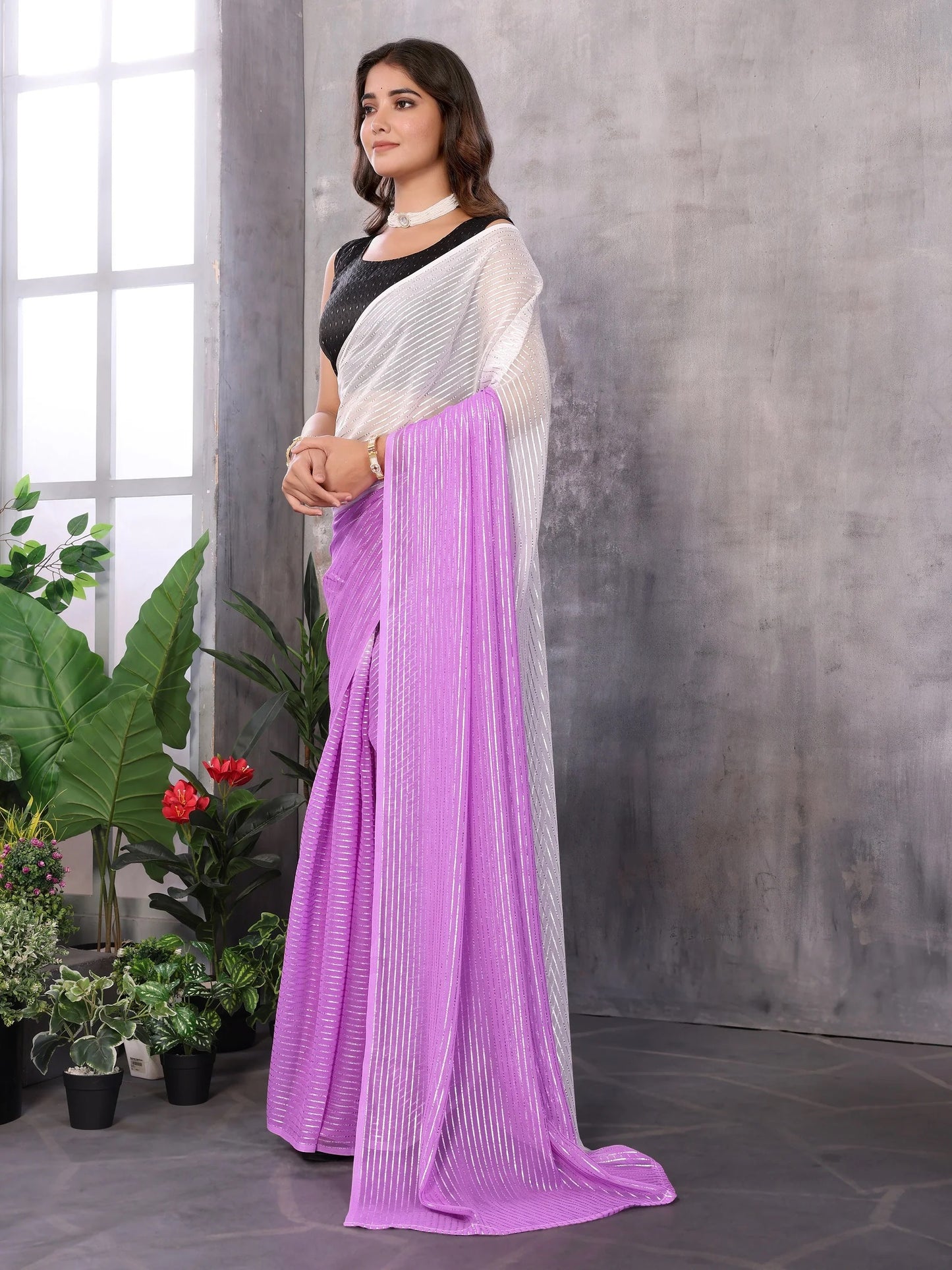 Women Party Wear Jari Weaving Worked Ready To Wear Saree With Un Stitched Blouse(Up To 44)Purple