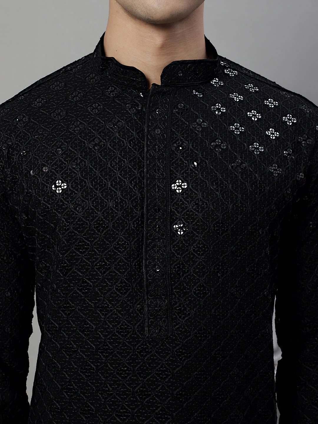 Men'S Black Chikankari Embroidered And Sequence Kurtas