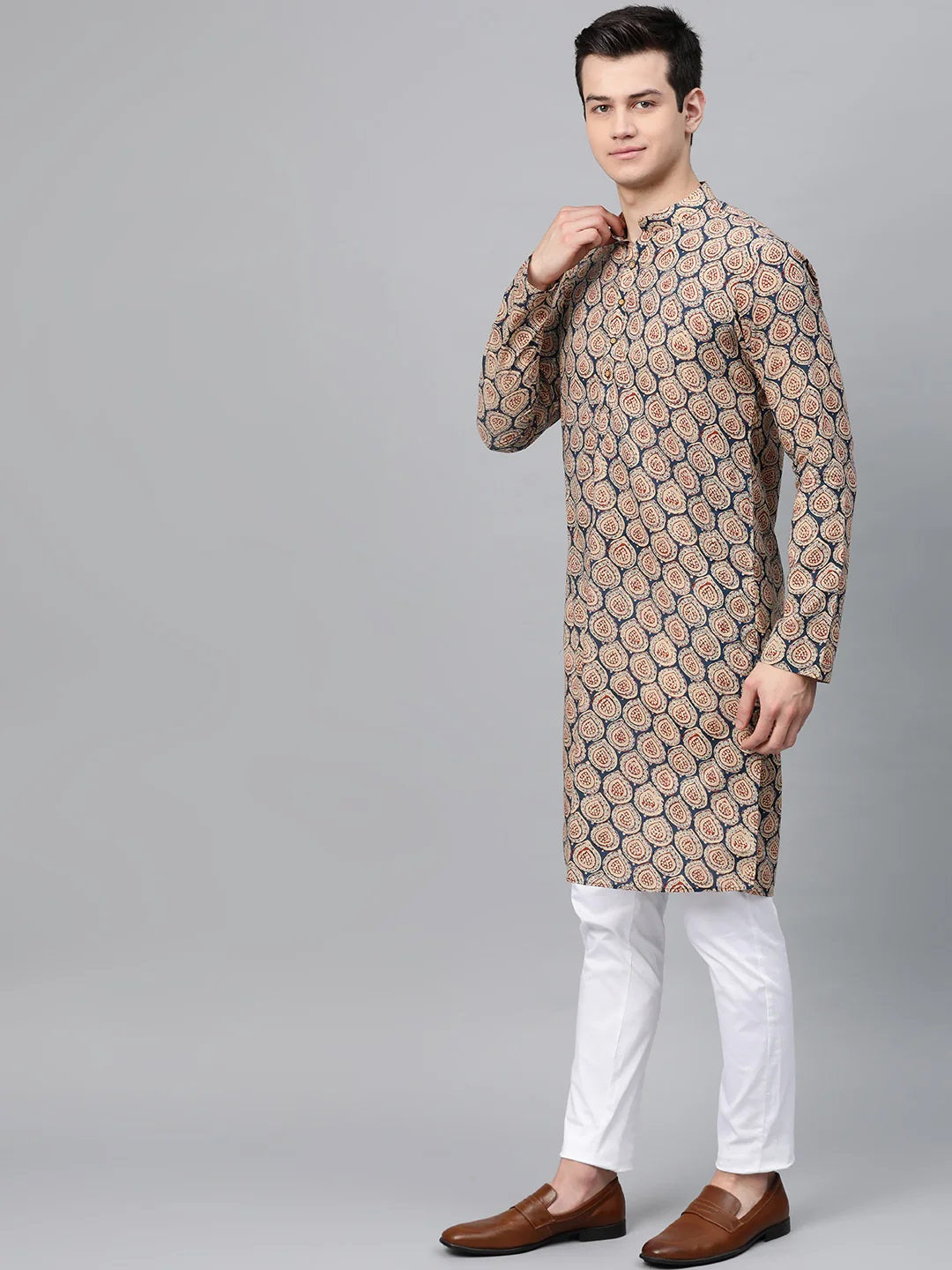 Men Blue & Maroon Printed Straight Kurta