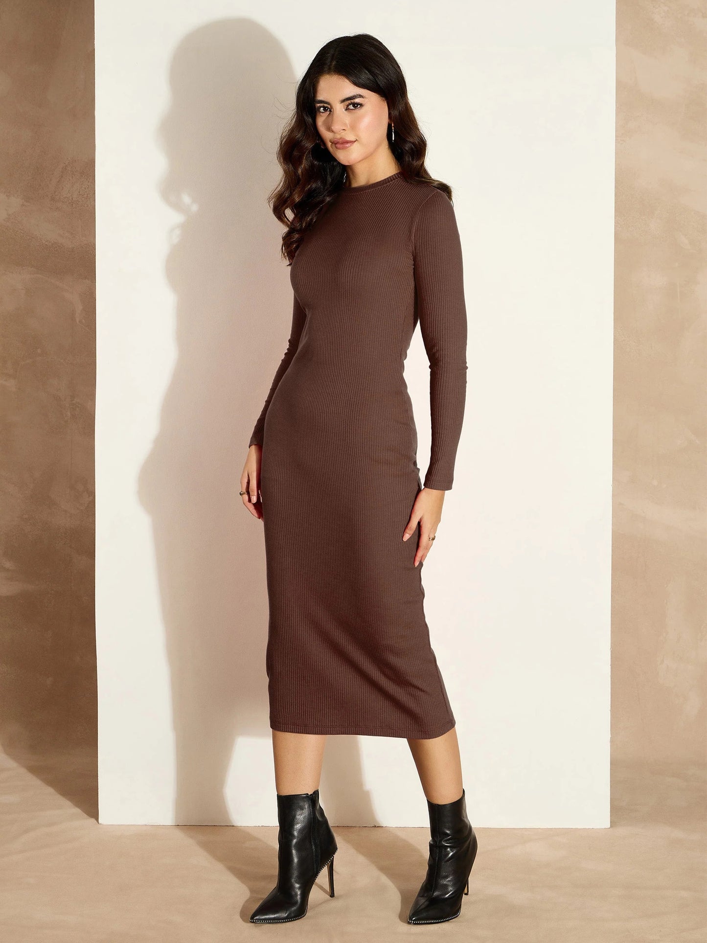 Women Dark Brown Rib Bodycon Full Sleeves Midi Dress