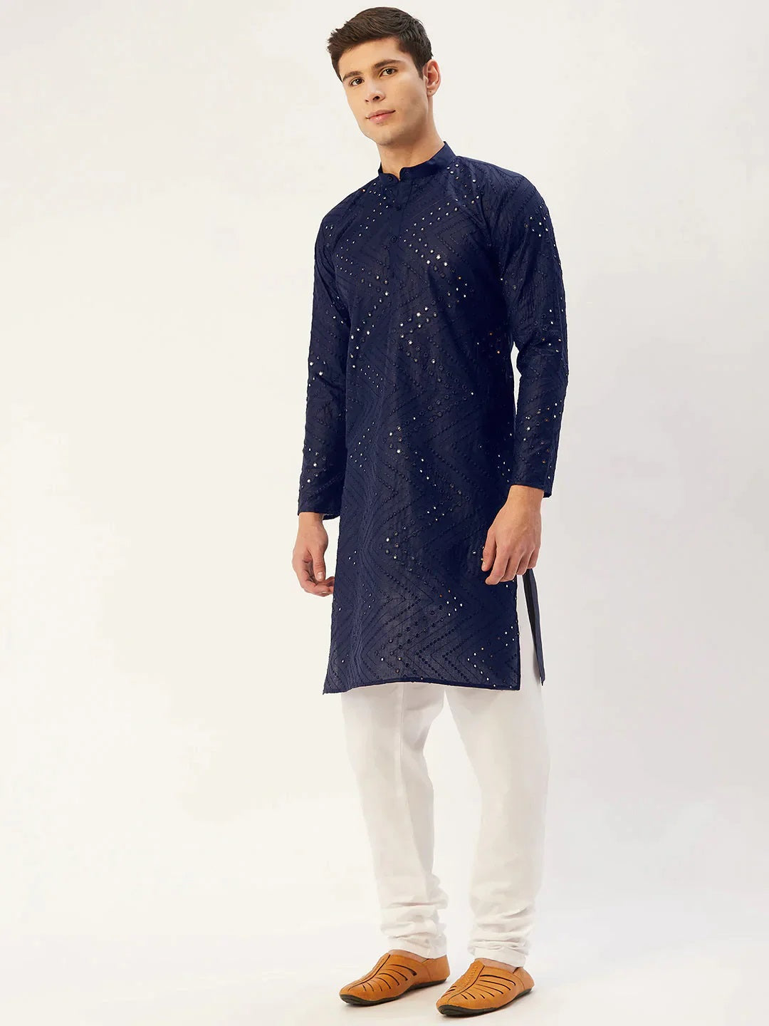 Men'S Navy Embroidered Mirror Work Kurta Pyjama