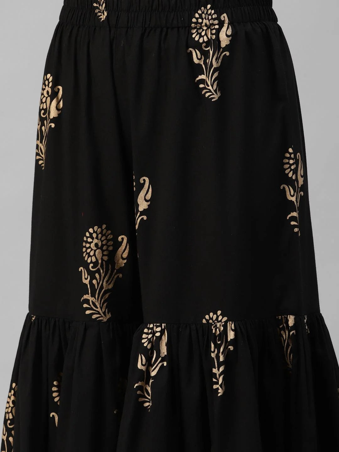 Black Gold Printed Cotton Kurta Sharara Set with Dupatta