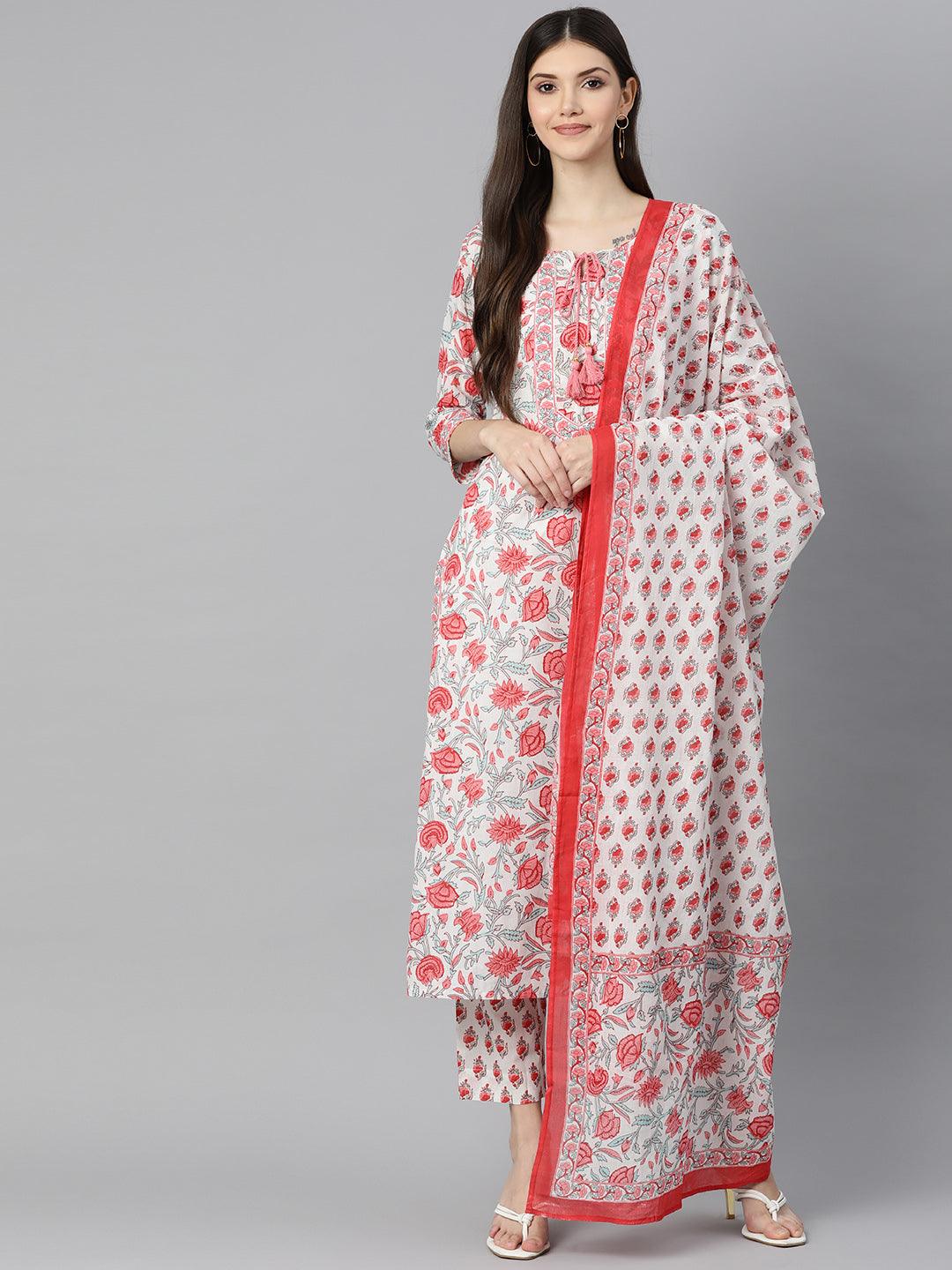 White Floral Printed Kurta Pant Set with Dupatta