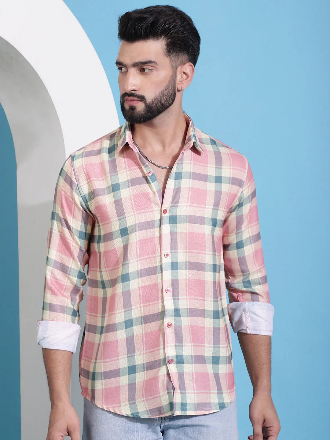 Peach Checked Cotton Casual Shirt For Men