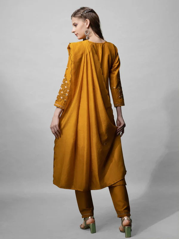 Womens Mustard Embroidered Cotton Blend Kurta Pant Set With Dupatta