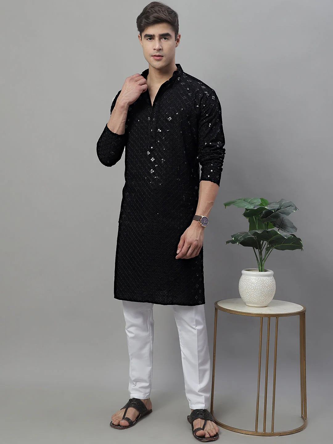 Men'S Black Chikankari Embroidered And Sequence Kurtas