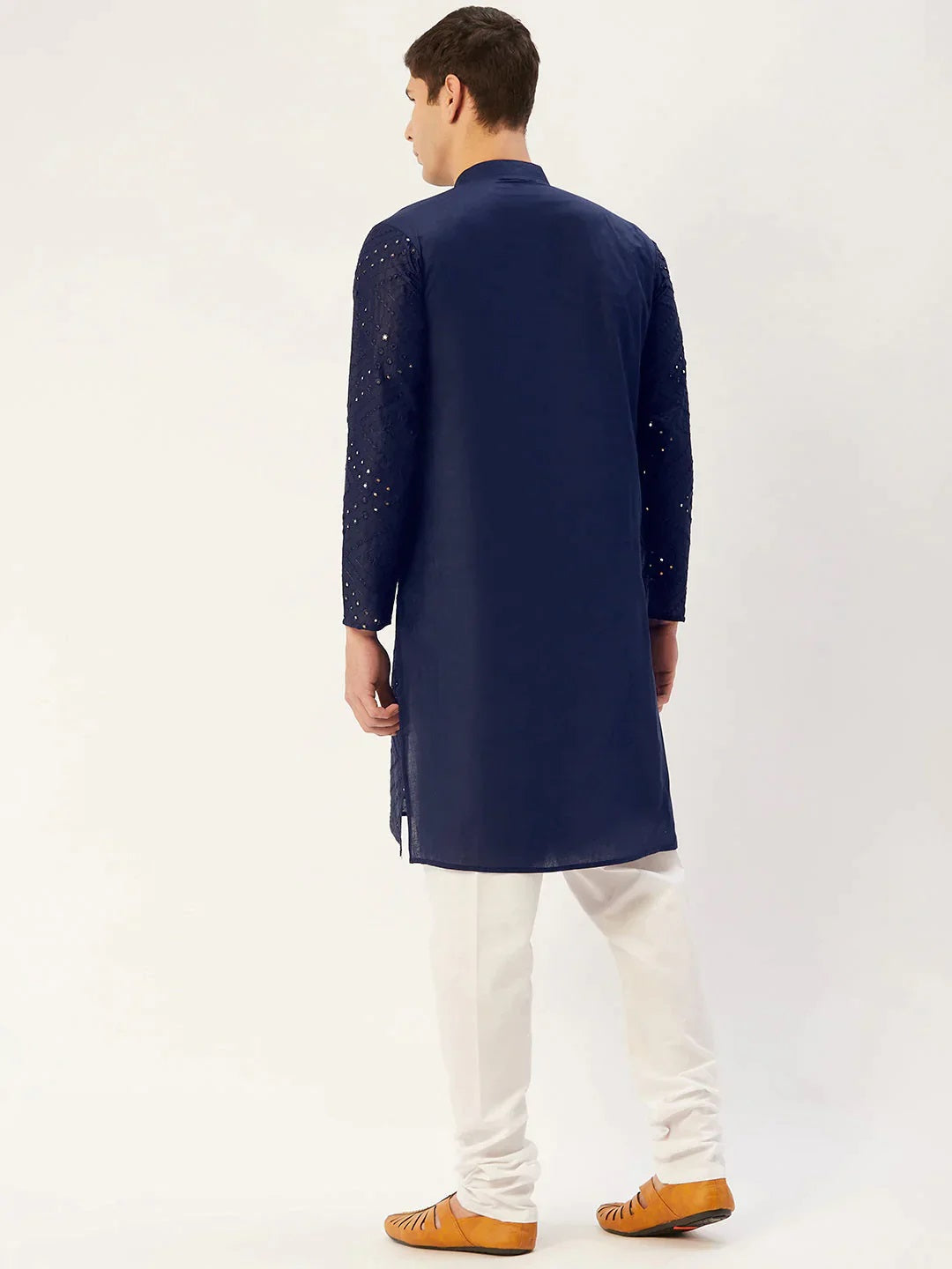 Men'S Navy Embroidered Mirror Work Kurta Pyjama