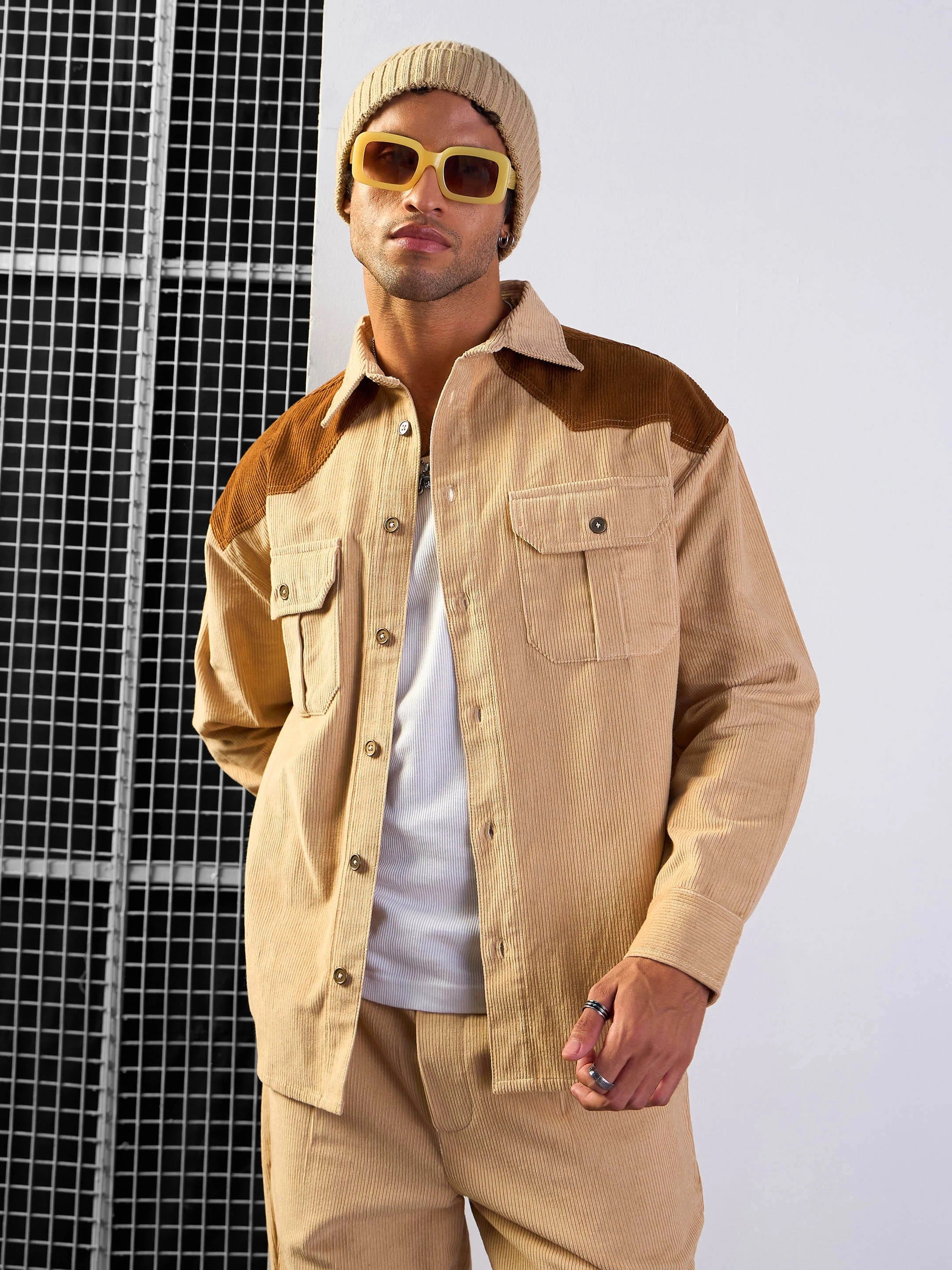 Men Beige & Brown Corduroy Colorblock Oversize Shirt