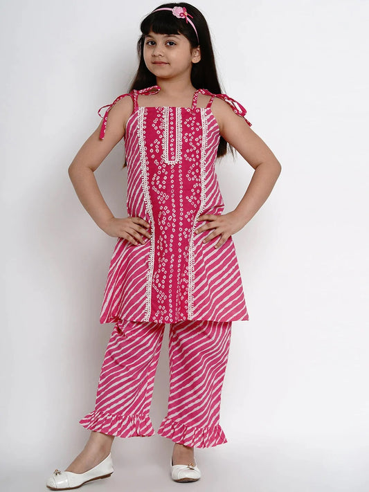 Girls Pink Striped Kurta With Palazzos