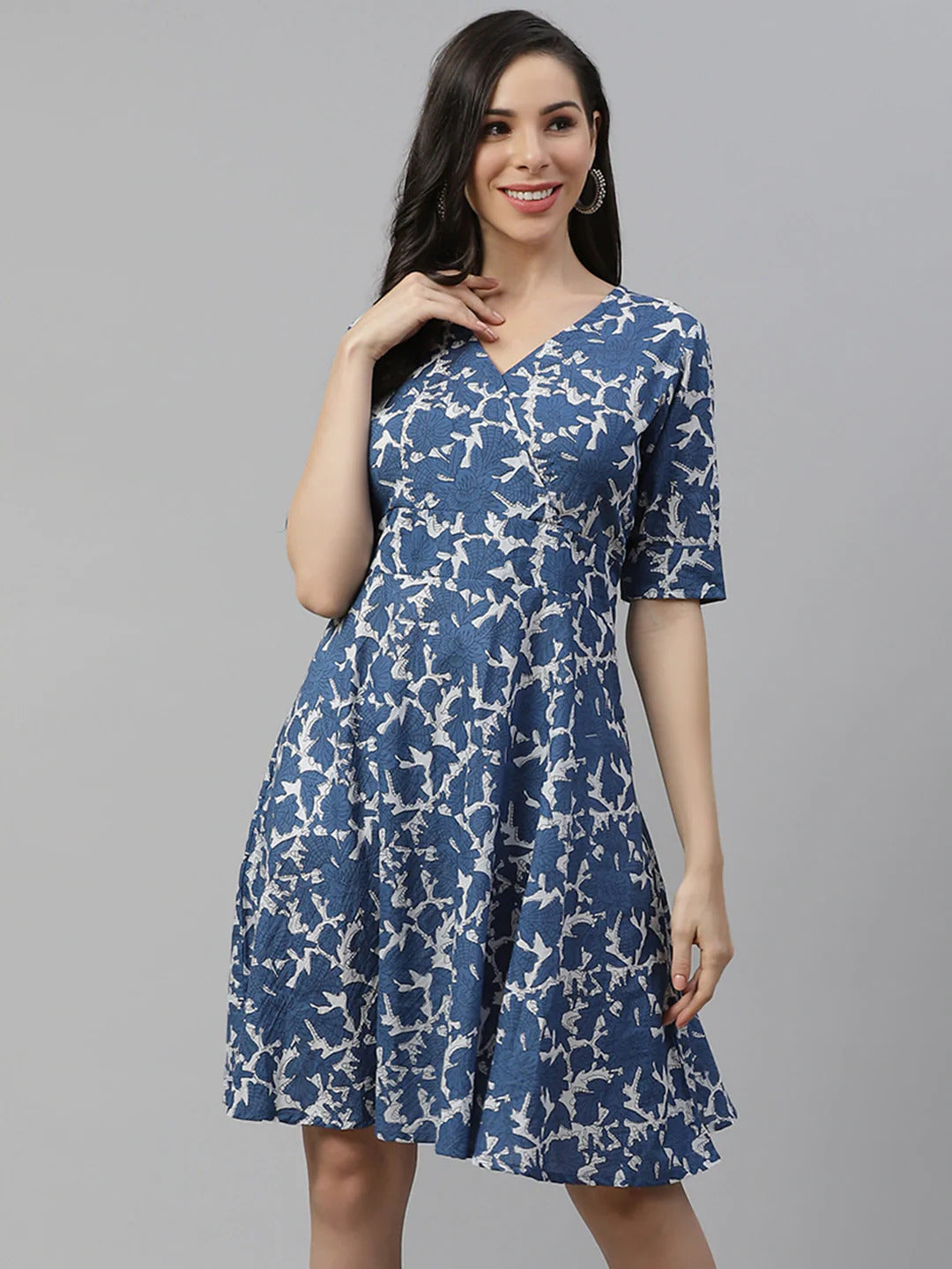 Women's Indigo Print Knee Length Dress