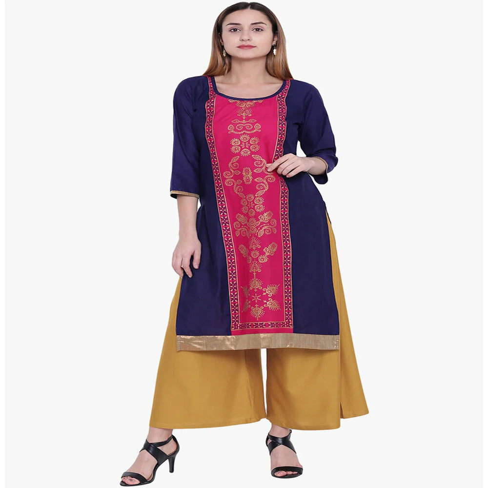 Women Navy Blue & Pink Ethnic Motifs Printed Panelled Straight Kurta