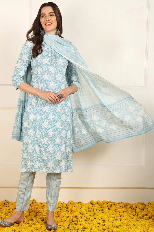 Blue Cotton Floral Printed Straight Suit Set