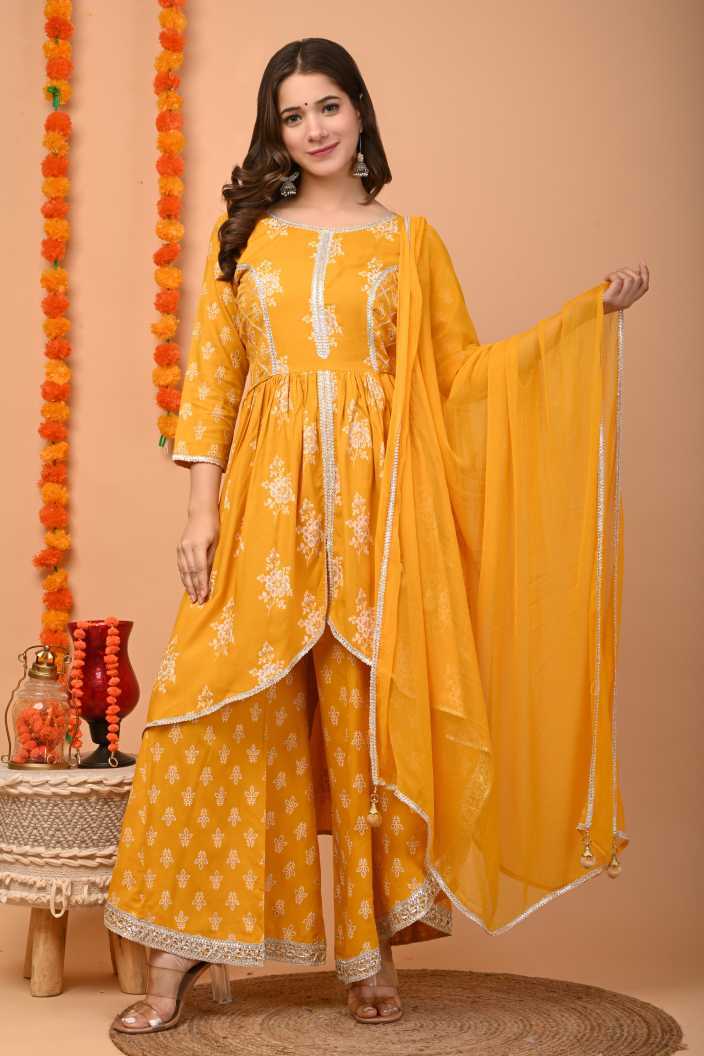 Women Yellow Kurta and Palazzo Set Rayon