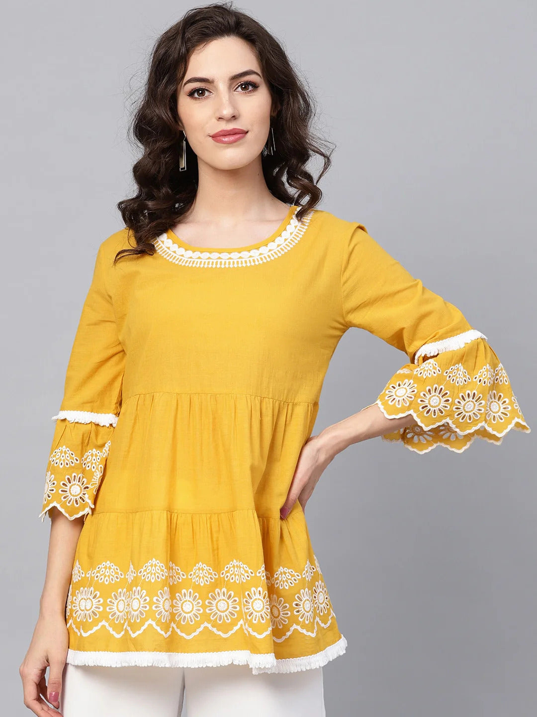 Women's Mustard Yellow & White Solid Tiered Top