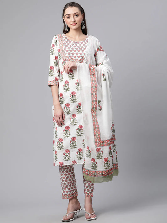 Women White Floral Print Cotton Kurta Set