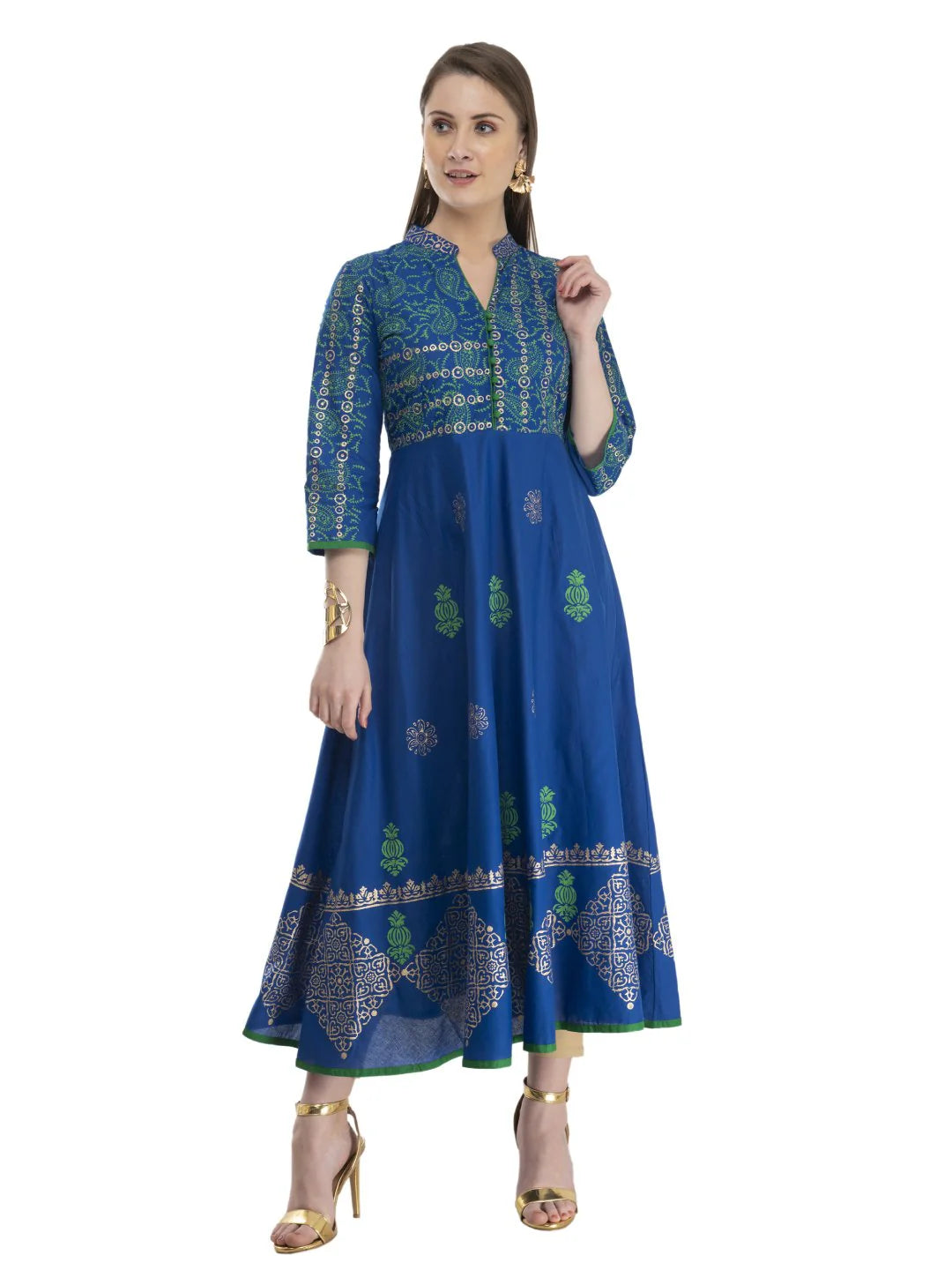 Women Royal Blue Cotton Anarkali with Ajrakh Hand Block Print