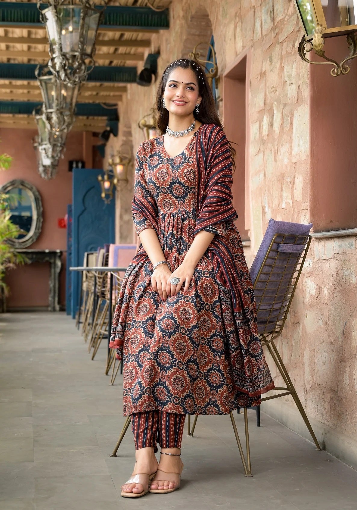 Women Party Wear Flower Printed Kurta With Pant And Dupatta Set