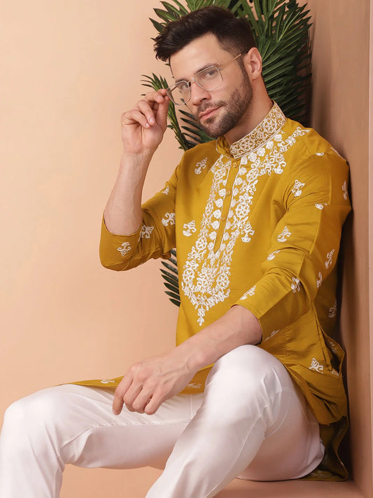 Men'S Mustard Chikankari Embroidered Kurtas