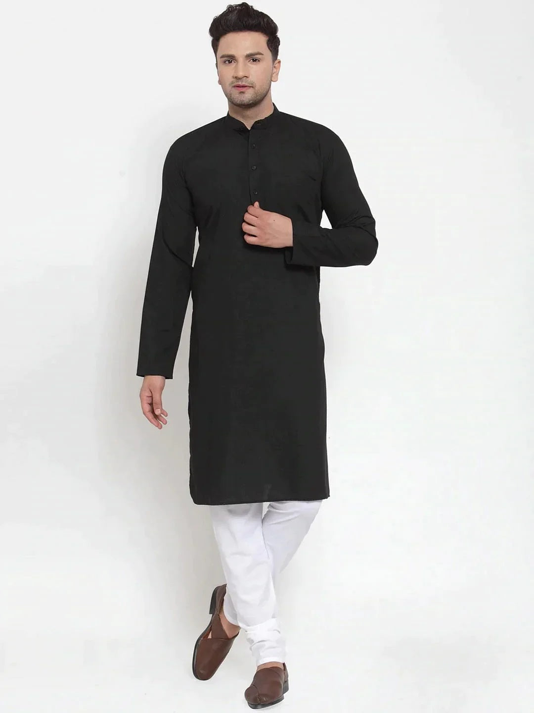 Men'S Black Cotton Solid Kurta Payjama Sets