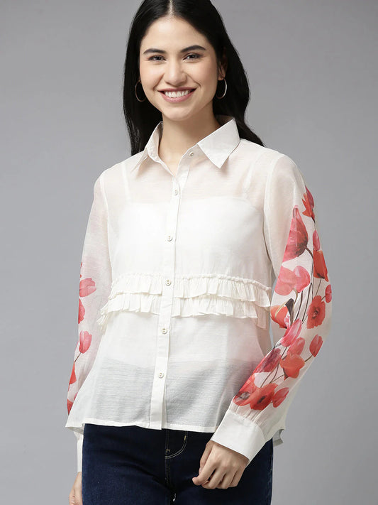 White & Red Floral Detail Ruffles Shirt Style Top