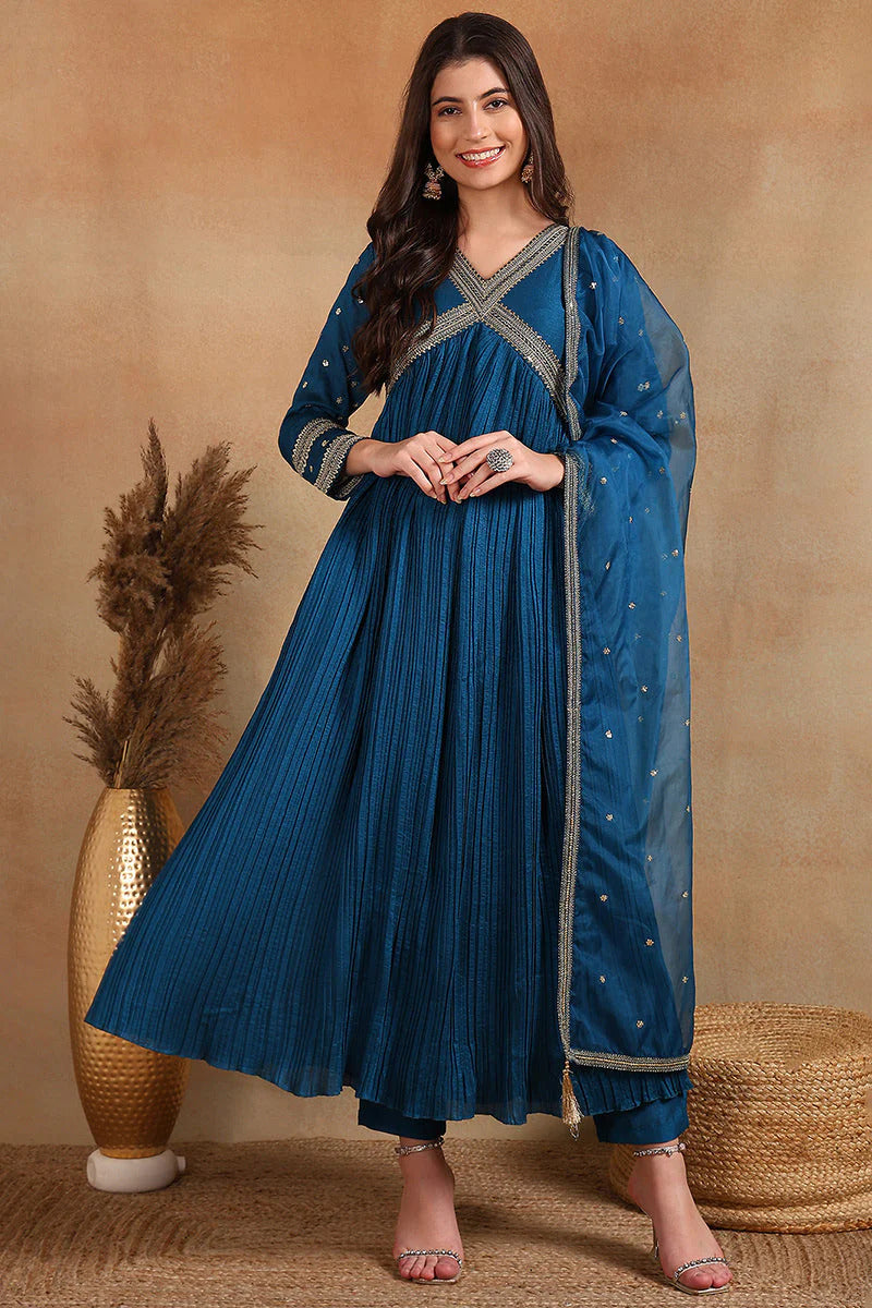 Blue Silk Blend Solid Embroidered Flared Style Suit Set