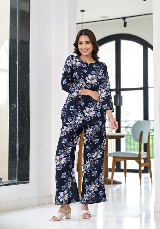 Women Party Wear Flower Printed Co-Ord Set Top With Bottom (Navy Blue)