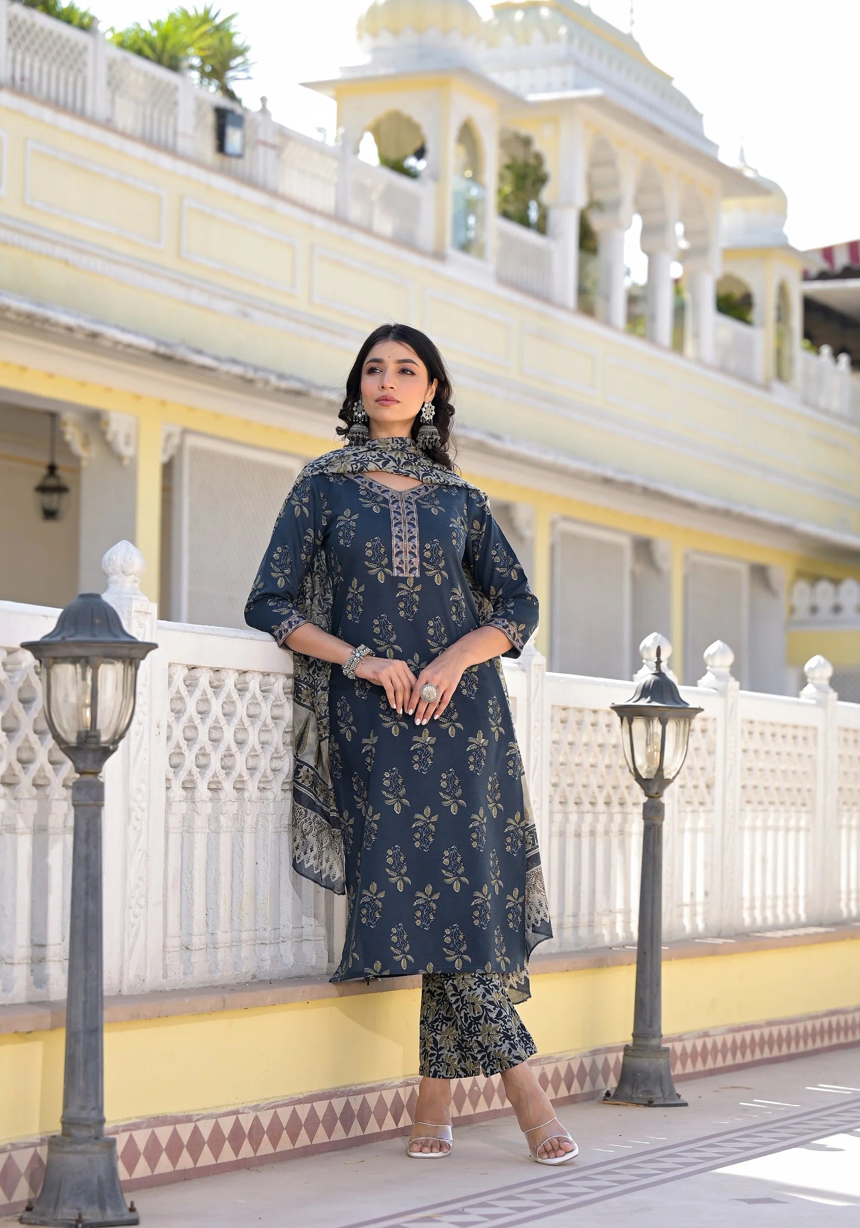 Women Party Wear Flower Printed Kurta With Pant And Dupatta Set