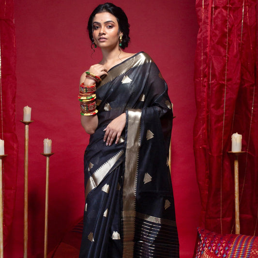 Women Banarasi Kora Organza Saree In Black Color With Triangle Zari Motifs And Border