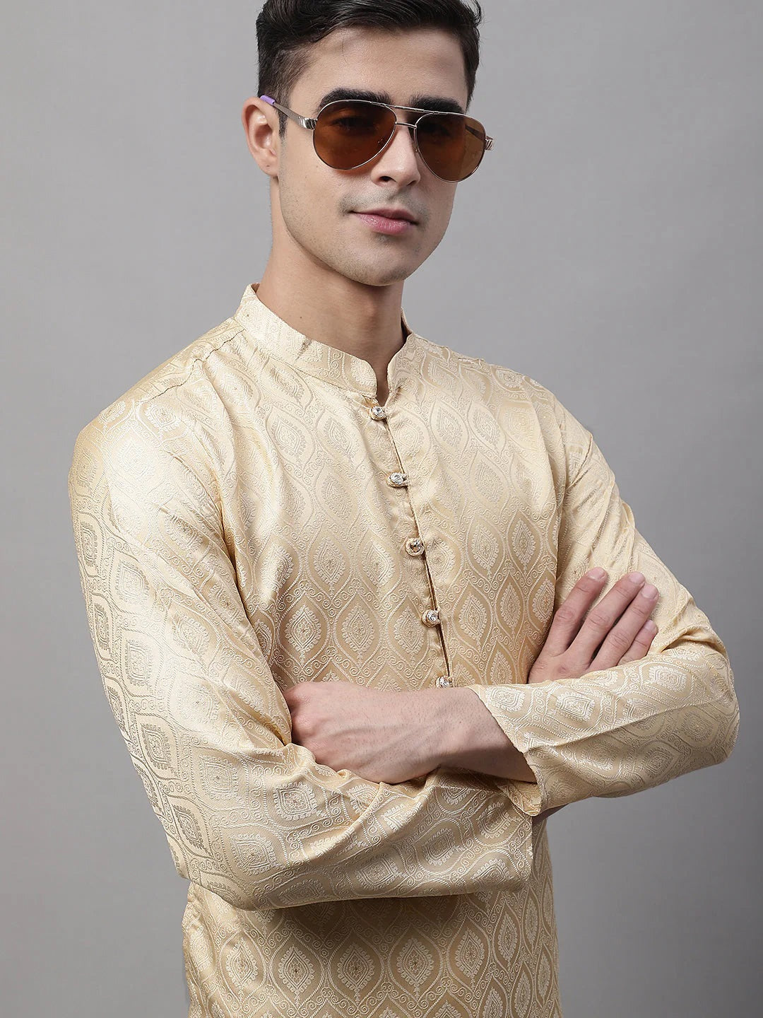 Men Ethnic Beige Woven Design Kurtas