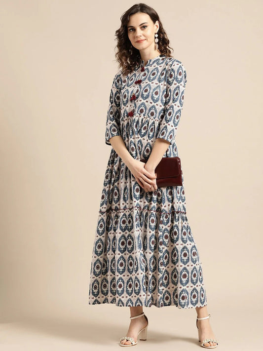 Women White Ethnic Motifs Printed Mandarin Collar Cotton Fit and Flare Dress