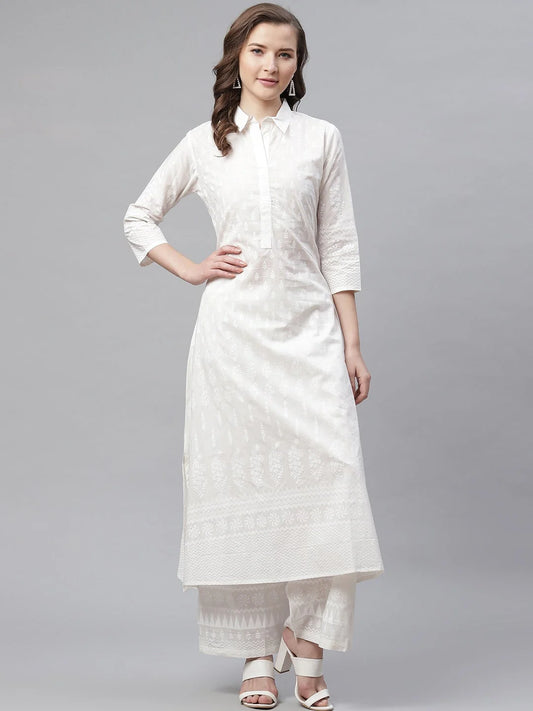 Women's White Printed Cotton Kurti With Palazzo