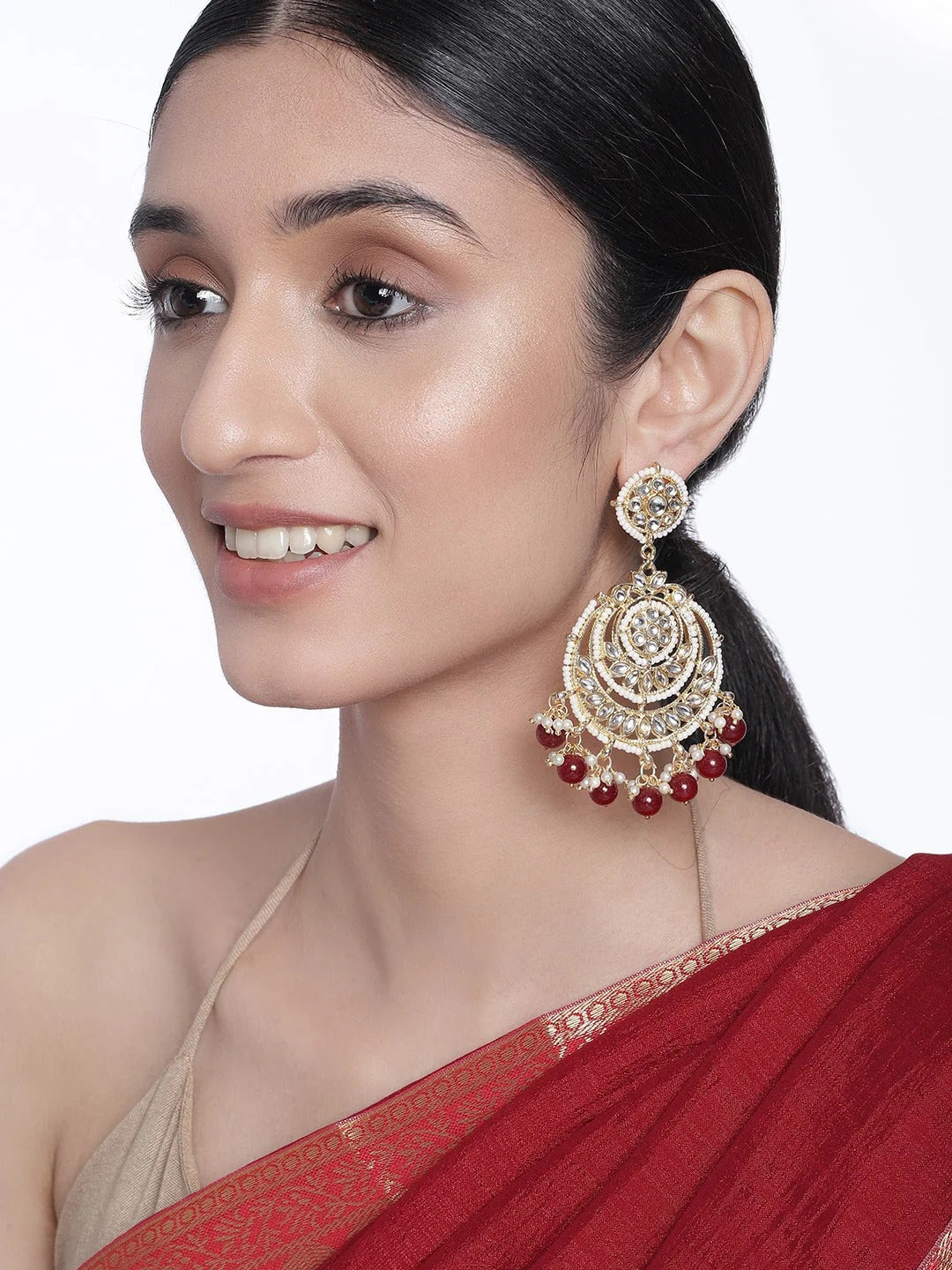 Gold Plated Traditional Beaded Chandbali Earrings Glided With Kundans & Pearls For Women/Girls