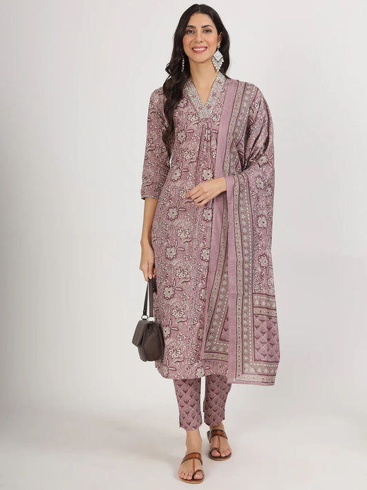 Women Purple Floral Printed Cotton Kurta Sets