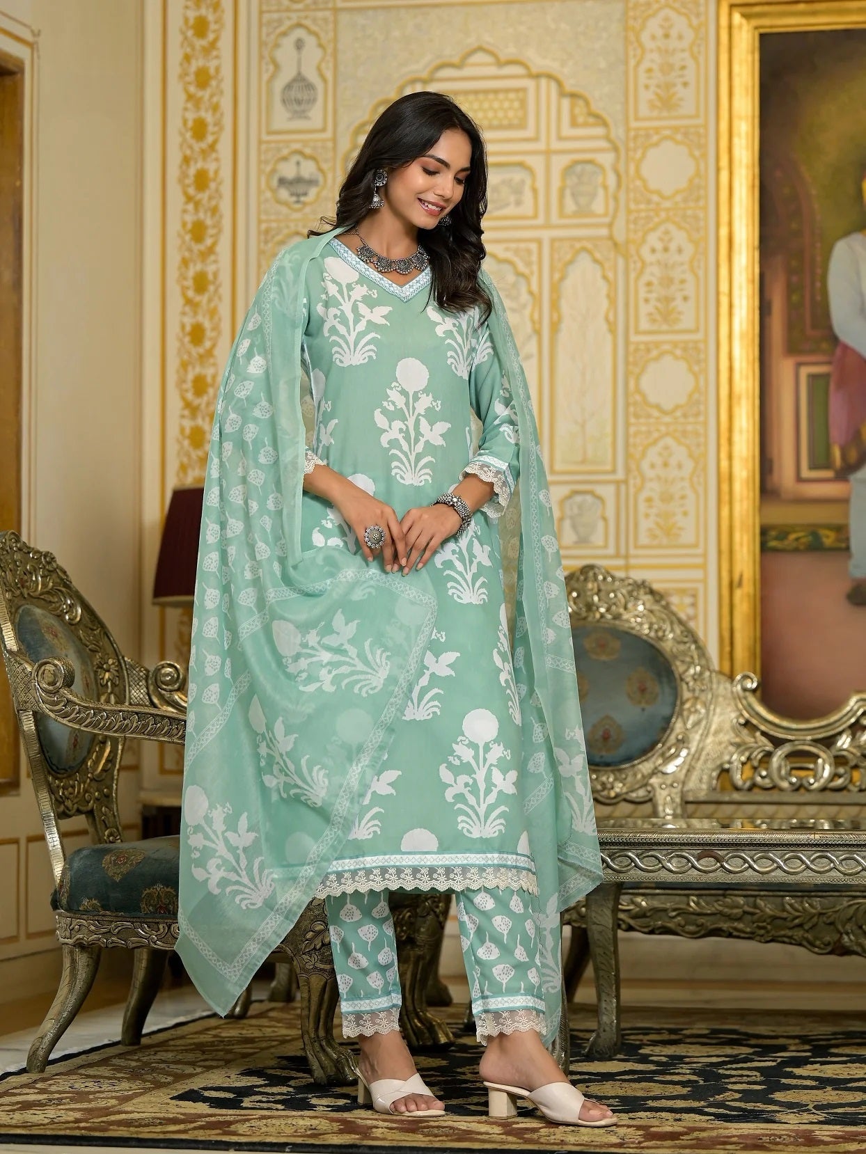 Women Party Wear Flower Printed Kurta With Pant And Dupatta Set (Pista Green)