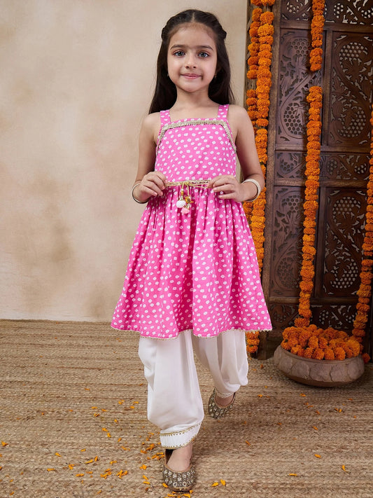 Girls Bandhani Printed Shoulder Straps Gotta Patti A-Line Kurta With Dhoti Pants