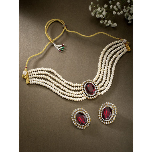 Gold Plated Traditional Stone Studded Pearl Choker Necklace Jewellery Set For Women/Girls(MAROON)