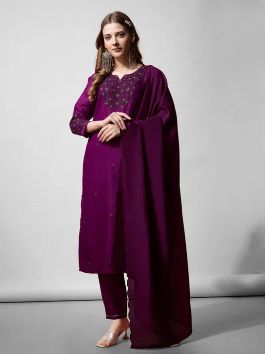 Womens Purple Embroidered Cotton Blend Kurta Pant Set With Dupatta