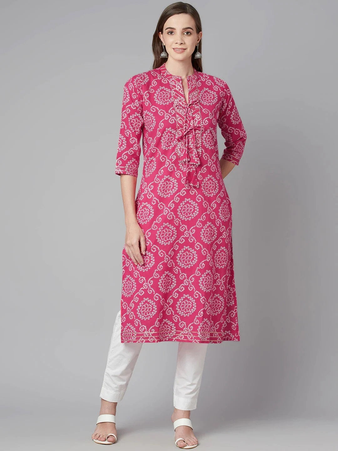 Women's Pink Bandhej Straight Kurta