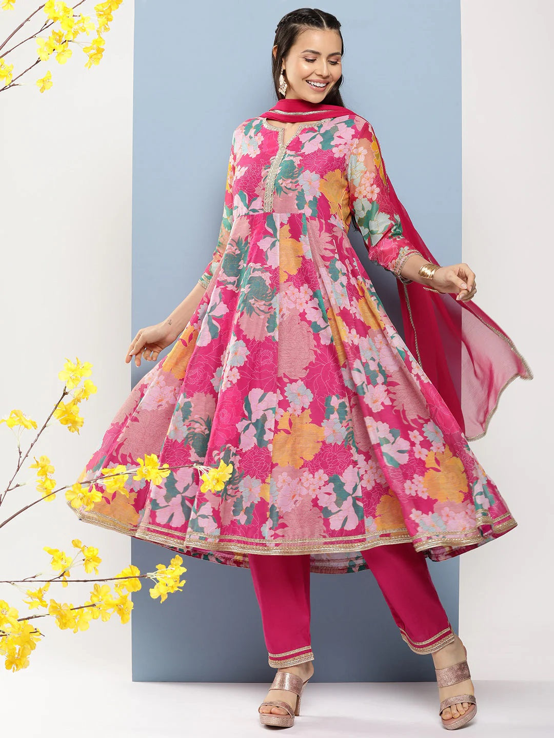 Pink Floral Print A- Line Kurta With Lace Detailing & Pink Solid Palazzo With Lace Detailing.