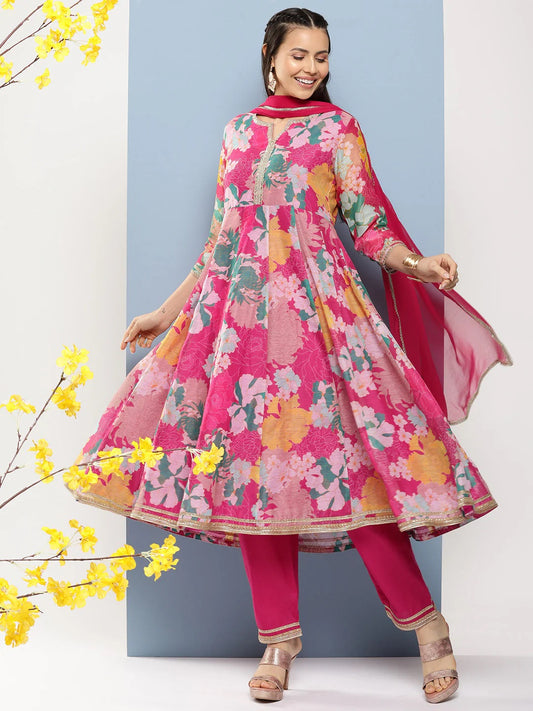 Pink Floral Print A- Line Kurta With Lace Detailing & Pink Solid Palazzo With Lace Detailing.