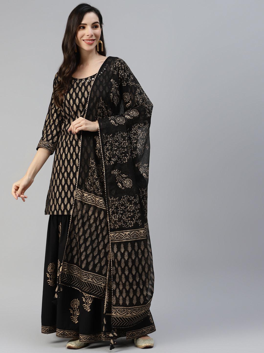 Black Gold Printed Cotton Kurta Sharara Set with Dupatta