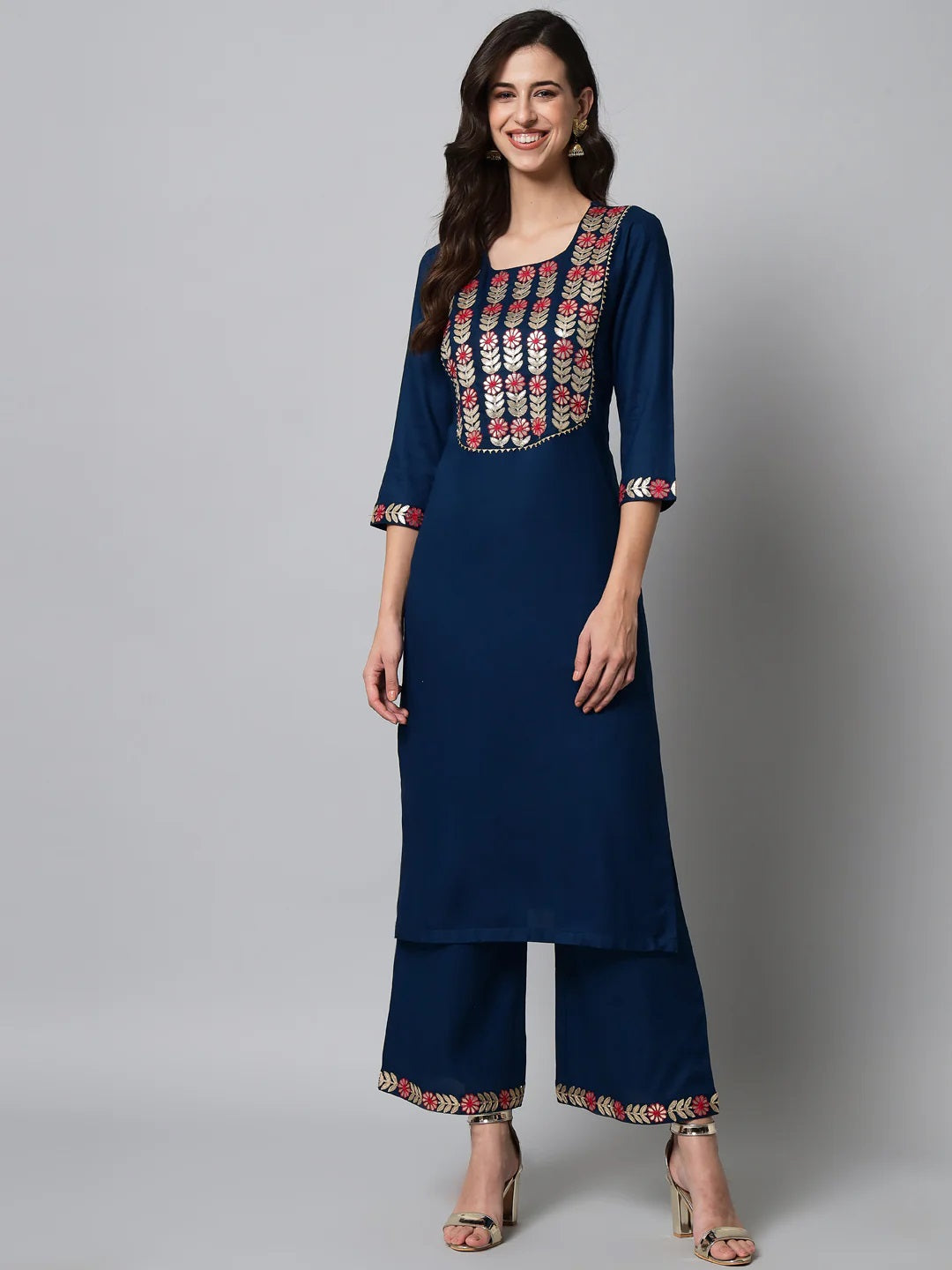 Women Embroidered Teal Kurta Palazzo Set