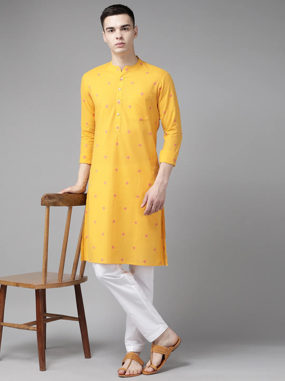 Men Yellow & Maroon Woven Design Straight Kurta With Pyjama