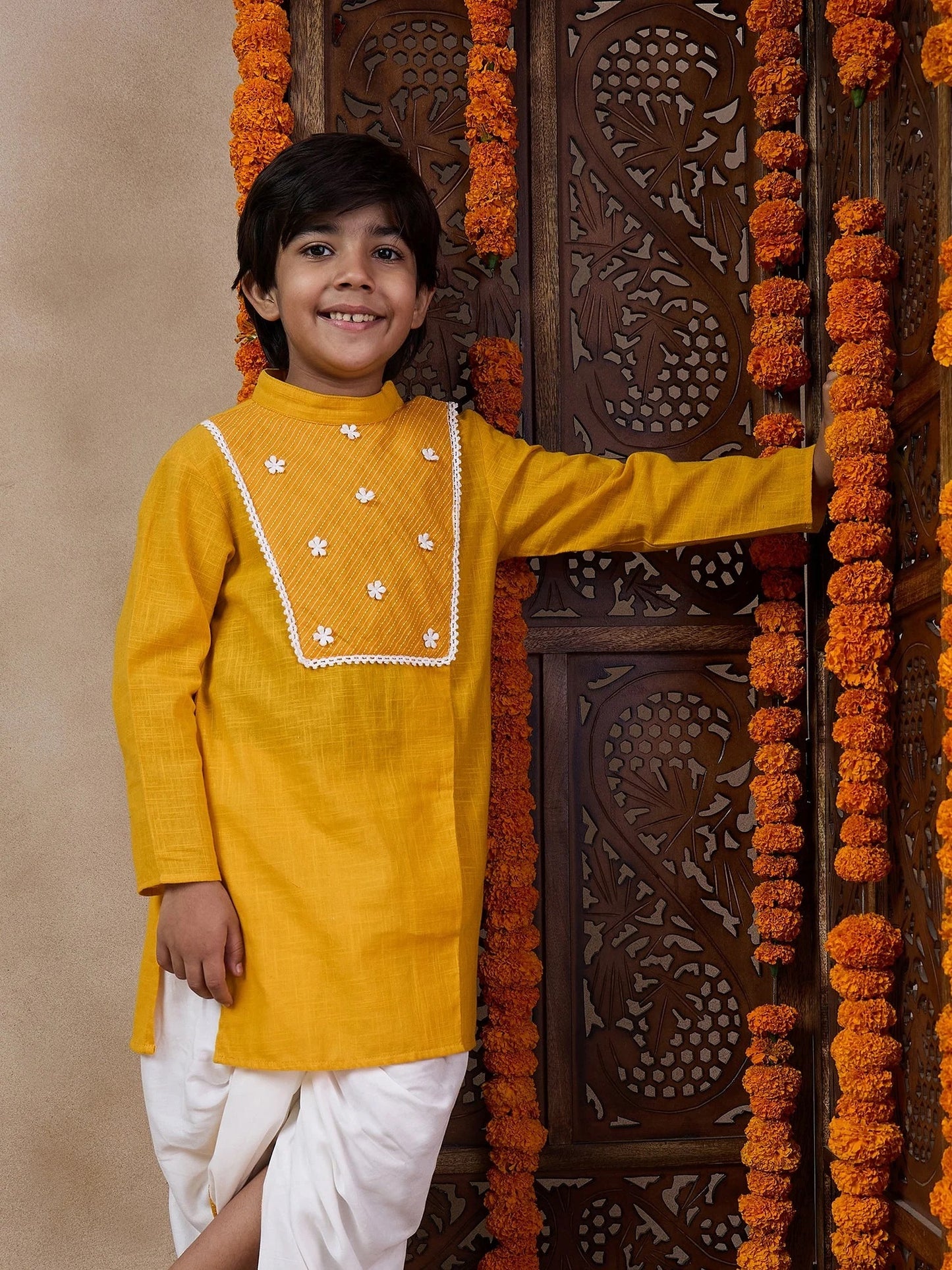 Boys Mandarin Collar Floral Yoke Design Regular Thread Work Kurta With Dhoti Pants