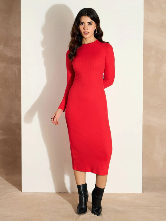 Women Red Rib Bodycon Full Sleeves Midi Dress